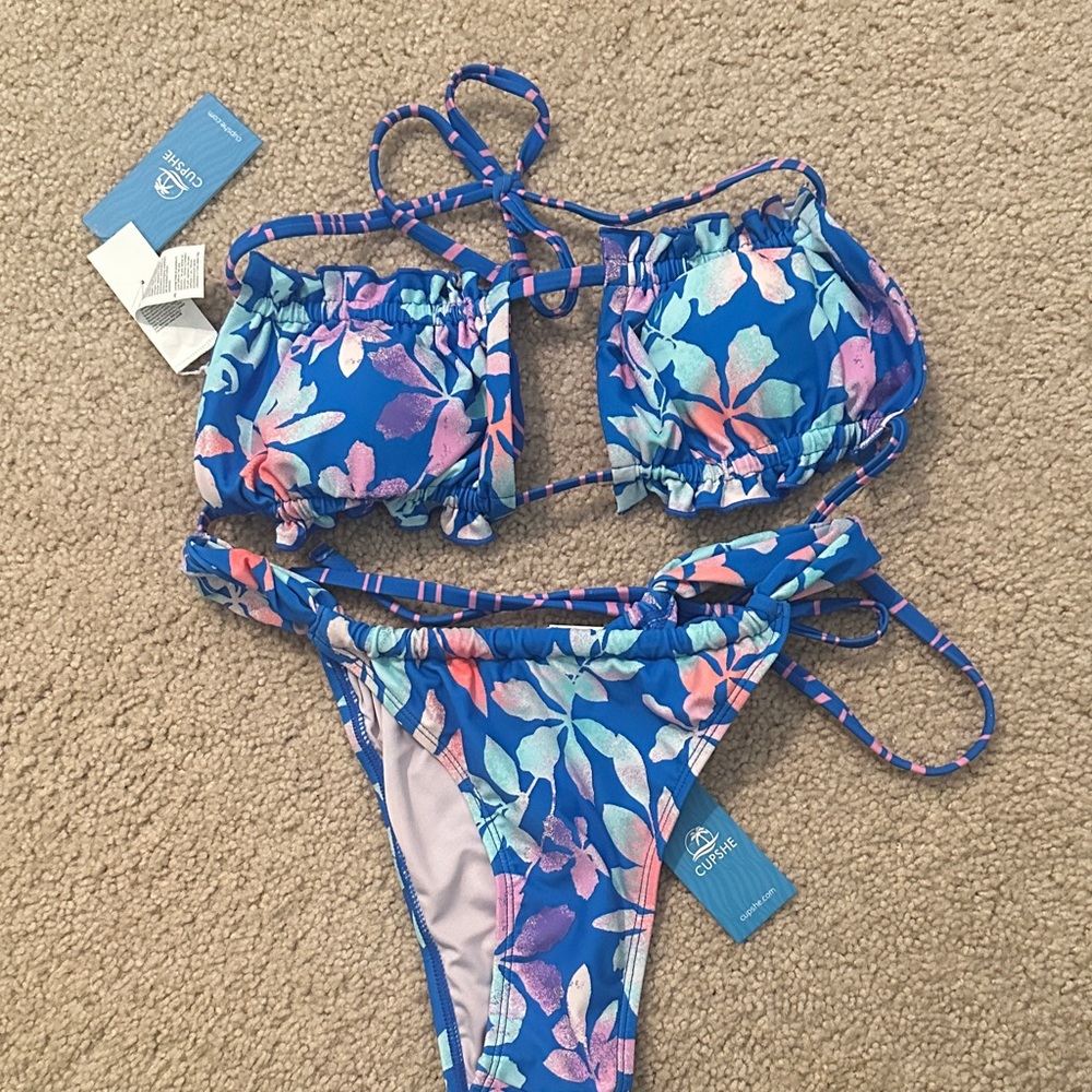 Cupshe Blue Floral Tie-Back Two-Piece Bikini NWT